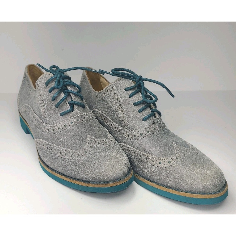 Cole Haan Wingtip Oxford Shoes Women 5B Gray Suede Teal Sole Brogue EUC
